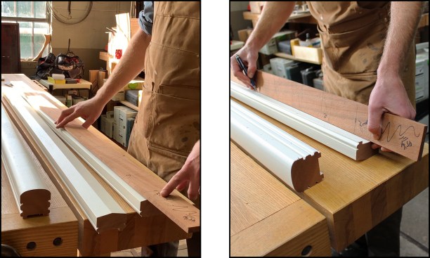 A story pole was used to lay out the baluster locations, starting with the bottom rail (left), then the middle (right) and upper rails.