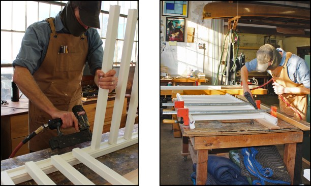 He started assembly by pinning the balusters to the dado cut in the underside of the middle rail (left). Using clamps to draw the assembly tightly together, the author then fastened the balusters to the bottom rail (right).