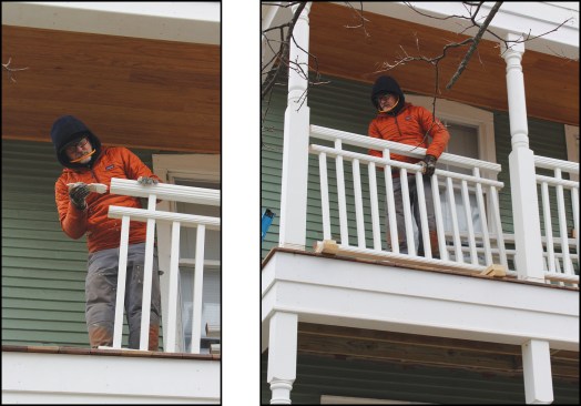 After cutting the rail sections on site to fit, Sean Laughlin sealed the end grain with primer (left). He then positioned the rail section (right) and fastened the rails to the posts with structural screws.