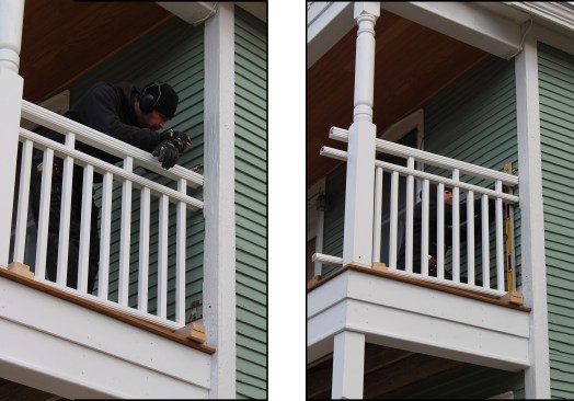 Making the railing connection at the house was complicated by the existing siding and trim (left), as well as the home’s leaning front façade (right).