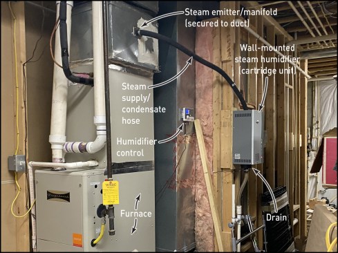 Cartridge steam humidifiers emit steam into HVAC ductwork when called for by the humidistat.