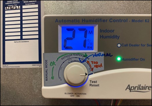 In the author’s climate, his company recommends clients set controls at 35% RH or lower (shown here marked up with colored pens), based on its experience that most buildings can handle 40% to 45% relative humidity in winter without moisture problems, and allowing for some inaccuracy or drift in the sensor.