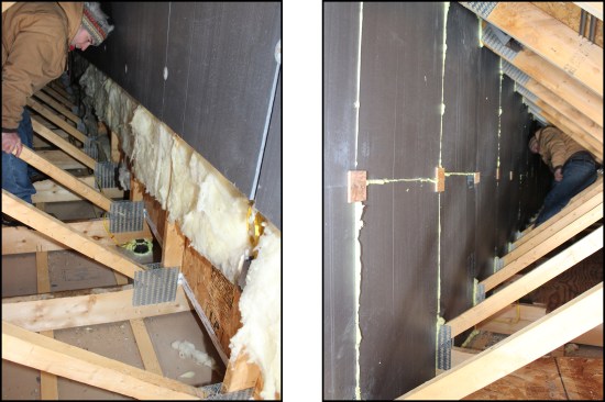 Working around the attic trusses, batt insulation was removed above the strapped ceiling drywall in order to air-seal ceiling penetrations, while the bonus room knee walls were air-sealed from the back with XPS foam (left, right). Cellulose insulation will later be blown in under the bonus-room floor and between the trusses.