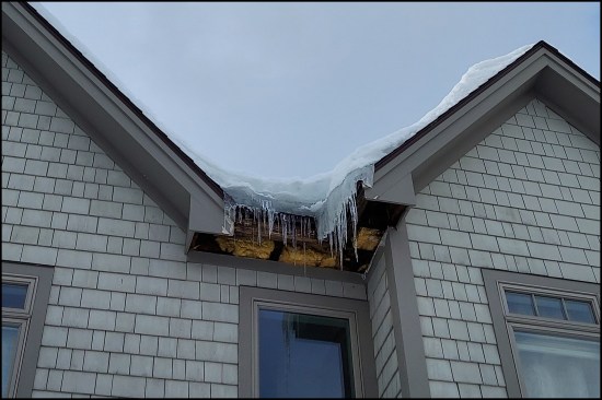 Spray foam was applied to the underside of the decking with no ventilation channel on this northern Vermont home built in 2008, to create a hot roof.