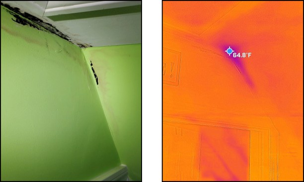 Mold appeared on the ceiling of a marriage wall between the addition (circa 2012, insulated with spray foam) and the main home (left). Infrared images (right) …