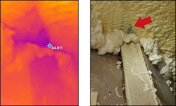 … and (left) zeroed in on the foaming “miss” of a exposed truss plate abutting the unheated attic space of the old house (right).