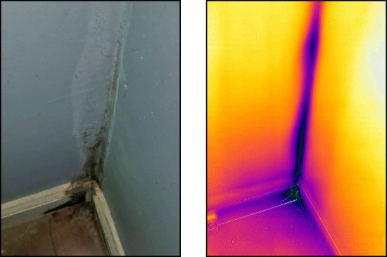 Lower on the same marriage wall of this otherwise fairly tight house, a gap in the framing occurred because of shrinkage of the framing member. The airflow led to condensation and mold (left, right). Initially, closed-cell spray foam was thought to solve most air-sealing problems, but the authors believe that sealants (such as caulking, membranes, and air-sealing tapes) and a better understanding of ventilation are needed to avoid condensation problems in cold climates.