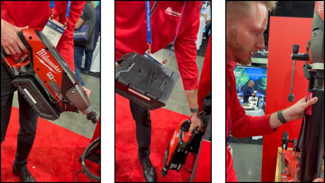 The MX Fuel Handheld Core Drill (left) with its larger, longer-lasting XC lithium-ion battery pack removed (middle). Losch attaches a Diamond Ultra Wet Core Bit to the core drill mounted to the stand (right).