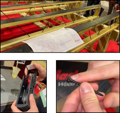 FastenMaster’s Icon Screw Joist System (top), EVO Joist-to-Ledger Deck Framing Connectors (bottom left), and MVP Multipurpose Wood Screws (bottom right).