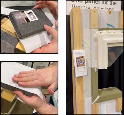 ThermalTight’s Neopor GPS semi-vapor permeable foam insulation (3.5 perms). The foam is a graphite polystyrene made without harmful blowing agents (top left). Its vapor permeable WRB (42 perms) is laminated exterior face of the foam panel (bottom left). The ThermalTight system is designed to work in concert with ThermalBuck high-performance window bucks (right).