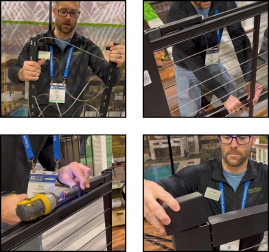 The cable guide assembly comes out of the box with pre-strung (top left). After attaching Elevation Rail’s aluminum posts to the deck, the cable guide assembly is slid into the extruded posts from the top and then the subrail is cut to length and installed between the two posts. The tensioners are placed at each post location, and the line slack is pulled out by hand at each tensioner (the tensioner has a locking mechanism that prevent the cable from backing out). The center support piece is installed (top right), then the cable rail is screwed taught with an impact driver at each tensioner—one tensioner is pulling cable from the top and the other one is pulling cable from the bottom (bottom left). The top rail cover is cut to length and snapped over the subrail, then the end caps are press-fit tightly into the posts (bottom right).