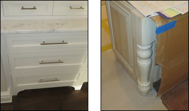 Many cabinets have “furniture base” decorative elements that run to the floor and do not gracefully lend themselves to trimming out the bottom (left). Decorative legs can be hard to adjust for floor heights (right). Adding shoe molding to a round post like this would be time-consuming.