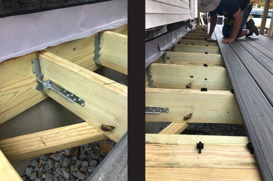Simpson DTT1Z deck tension ties were installed to prevent lateral movement (left). Hidden fasteners were used to install the Trex porch decking (right). The top of the ledger was flashed with lengths of 12-inch-wide YorkShield copper flashing bent into an L-shape (gray side out).