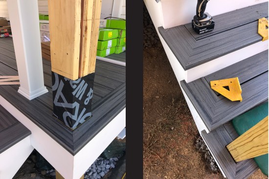 Color-matched trim-head screws were used to fasten the picture-framed perimeter edge boards (left) and stair treads (right) to the framing.