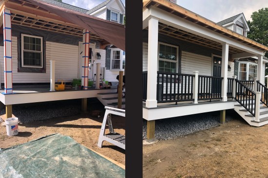 The deck’s three site-built “laminated” 6x6 rough posts were finished with PermaSnap composite column wraps. Here, the 1/2-inch-thick white composite trim is temporary taped while its adhesive cures (left). A Trex composite guardrail system encloses the completed porch (right).