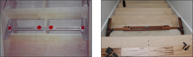 Figure 7: A stair gauge helps to mark cuts for both risers and treads. You can make a stair gauge out of two pieces of plywood, cut off at a bevel, screwed to a stick cut to the right length. You just push them into place and screw them together with the stick. Or you can make up a permanent adjustable gauge by routing an adjustment slot and attaching the bevel pieces with adjustable wing nuts. You can also buy a gauge like the one shown here. [Editor's note: The gauge tool on left has been discontinued since the article’s original publication; the adjustable gauge on the right, the “Stair Wizard” from DNB Tools, is currently available and sells for about $200 on Amazon.]