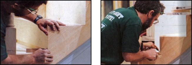 Figure 8: The author spaces the finish risers off the sub-treads before gluing the miter joint and nailing the riser off (left). He then notches the face skirt to make way for the treads later on (right). The depth of the notches equals the tread width minus the net run minus the overhang. For example, if the treads are 11-1/2 inches, and the net run is 10 inches, and there’s a 1-1/8 overhang, the face skirt needs to be notched 3/8 inch.