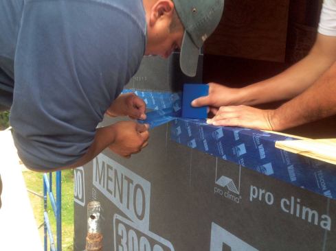 Compatibility is a big issue with flexible flashing, so make sure that the flashing is compatible with all substrates it will contact. The safest route is to use a flashing and housewrap made by the same manufacturer.