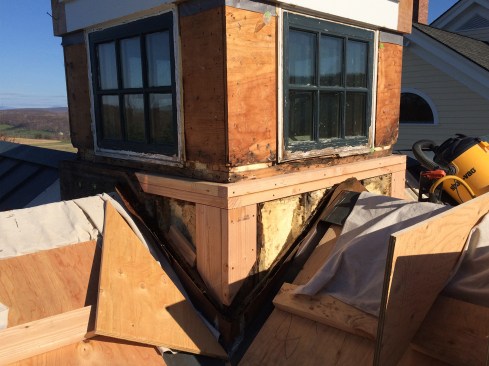 Fortunately, the demolition work was largely confined to the upper part of the base and to the exterior side. On the heavily damaged sides of the cupola, the framing was cut back to structurally sound wood. Two-by stock was spliced to the remaining framing.