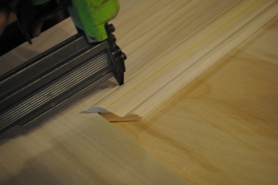 Rabbeted molding attaches to the door frame to hold the panel in place.