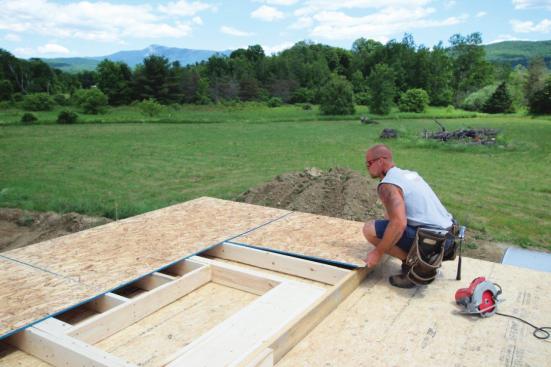 To stagger the joints, begin the second course with a half sheet of sheathing.