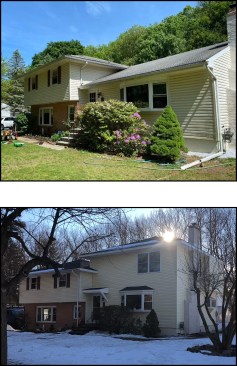 The “pop-up” addition was built over existing living space. The existing roof the lower single-story part of the house (top) was removed to build a new second floor for a master bedroom suite (bottom). The homeowners and their school-age children remained in the house during the project, working and attending school remotely online.