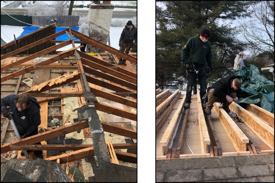 Working outside over existing living space in winter and maintaining 6-foot social distancing, carpenters removed existing roof framing (left), while electrical subs working closer together wore masks rewiring existing kitchen ceiling lights below (right).