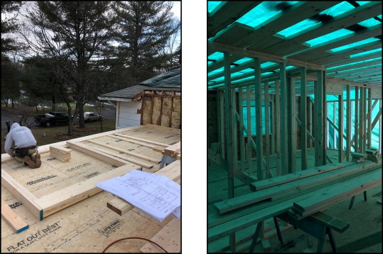 In a race to get the pop-up addition dried in, the DBS Remodel team worked 10- to 12-hour days during winter weather in temperatures 20°F and lower (left). A 60- by 40-foot heavy-duty tarp was used to tent off the structure as needed to keep snow off the deck; possibly snow melt into the occupied space below was avoided (right).