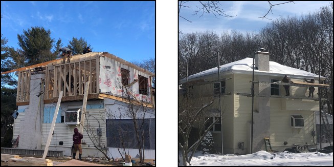 Demo work started on a Monday and the roof was weathertight by Saturday. Access to the second-level work area was by ladder only during dry-in phase (left). Here, workers finish up the siding on a bump-out for a walk-in closet in the new master-suite (right).