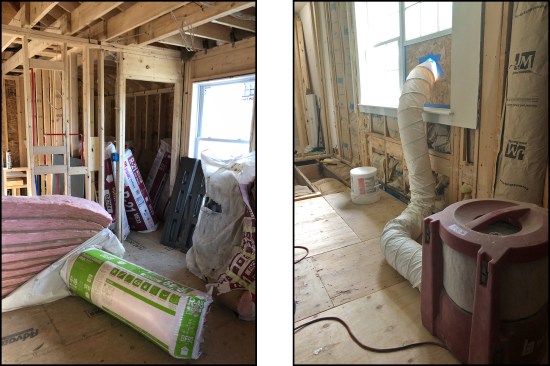 Lead times on materials such as windows, doors, and cabinets were long. Lumber and insulation supplies shortages led to improvising to meet schedules. Fiberglass batts (left) were often doubled up to achieve code-mandated R-49 ceiling — R-49 batts were scarce. A BuildClean HEPA air scrubber helped keep workspace air separate from a client’s living area (right).