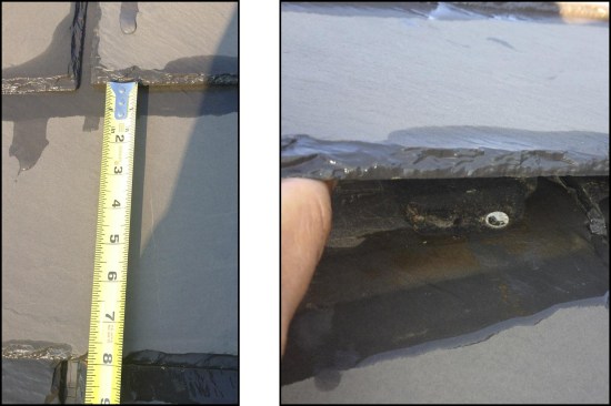 Installing slate without the correct overlap (left) can allow water to wick under the shingles and corrode fasteners, particularly on low-pitched roofs (right). Also, long-lasting fasteners should be used; electro-galvanized nails corrode quickly if they stay wet.