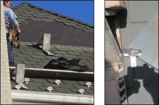 Snow guards with slim, sheet-metal legs are easier to install than traditional guards with heavy bars. Here, the individual stainless steel snow guards do not lift the shingles high (left, right).