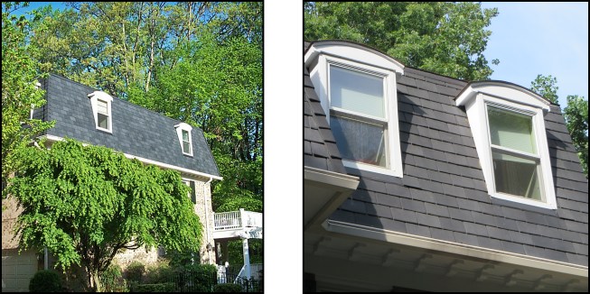 On a 10-year-old EcoStar slate installation, slates were mixed from different bundles per the manufacturer’s instructions. Although the slates all looked the same upon installation, the color varied over time, appearing more natural (left, right).