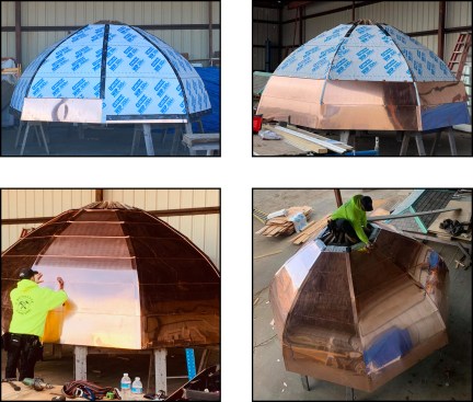 With the rebuilt roof propped up offsite on saw horses, workers installed copper drip edge around the perimeter of the roof, then the tapered panels (top left). The panels, drip edge, and hips are joined together with flat-lock seams and concealed copper clips so the panels can expand and contract (top right). The flat-lock seams are all malleted down (bottom left). Panel installation (as well as the sheathing) is run short of the roof peak to allow a lifting strap to be fastened to the framing of the upside-down-teacup-shaped structure so that it can be craned back into place on top of the tower (bottom right).