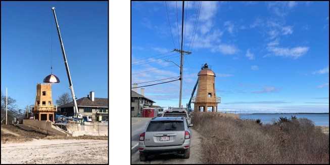 After lifting the rebuilt roof into place (left), J Bennette Roofing crew members put the finishing touches on the “Salt Shaker’s” roof overlooking the Hyannisport harbor (right).