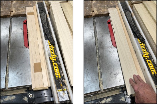 … the author uses a disposable jig on a table saw with self-adhering sandpaper pads applied to the poplar stock to add friction (left, right).