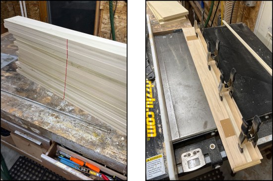 The first edge of all 32 pieces is cut, and the pieces stacked and marked to avoid accidental recutting (left). A tapered waste piece is added to the jig, establishing the second ripped edge (right).
