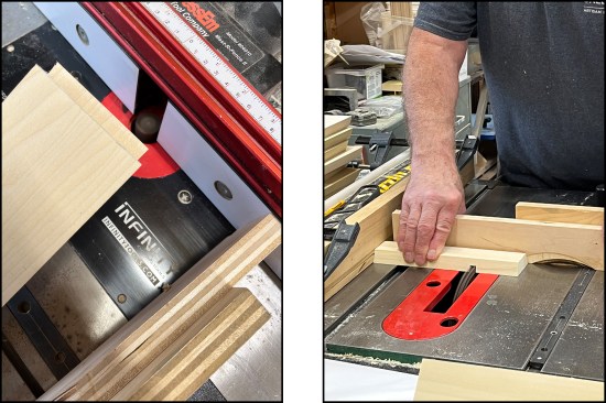 Decorative grooves are cut using a router table for tapered stock (left) and a dado blade in the table saw for parallel pieces (right).