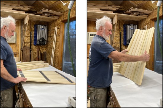 Starting with columns, the tapered staves are aligned face down and edge-to-edge, taped together with duct tape (left), then flipped (right).