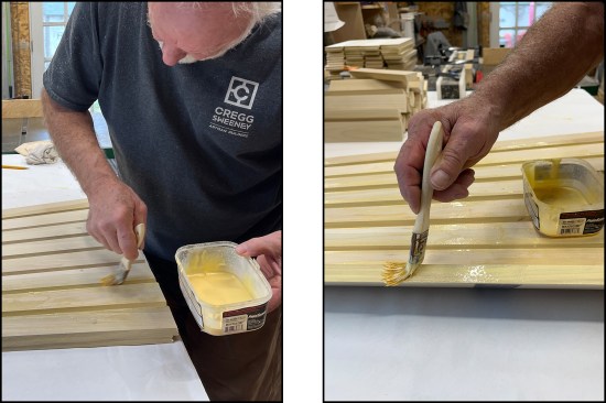 Wood glue is applied to the open joints (left) and outward-facing beveled edges (right) …