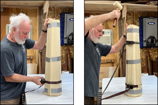 … and then the assembly is rolled up and band-clamped (left). Before the glue sets, misalignments are tapped out with a rubber mallet (right).