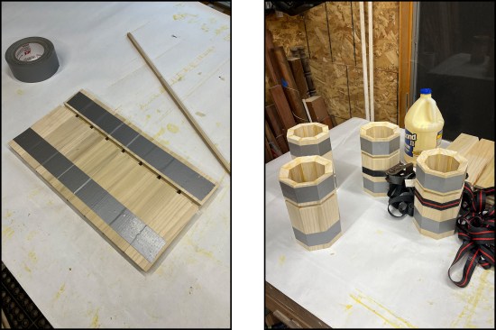 The eight-sided bases and caps (shown here, left and right) were assembled similarly.