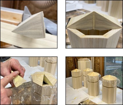 To make the newel caps, the author rips slope and bed angles in a rough length of laminated poplar, then cuts segmented elements at 22 1/2 degrees on a miter saw (top left). The back-beveled post segments (top right) create a dished surface to cradle and control cap pieces during glue-up—a piece of clear plastic wrap acts as a bond break (bottom left). Pieces of After the glue sets (bottom right), caps are pressed and bonded into place in a bed of two-part epoxy filler, then sanded true.