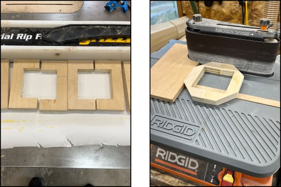 To align sleeve components around the existing 4x4 post, U-shaped plywood is glued together to form a 4x4 cutout (left), the corners chamfered and fine-tuned on a sander (right).