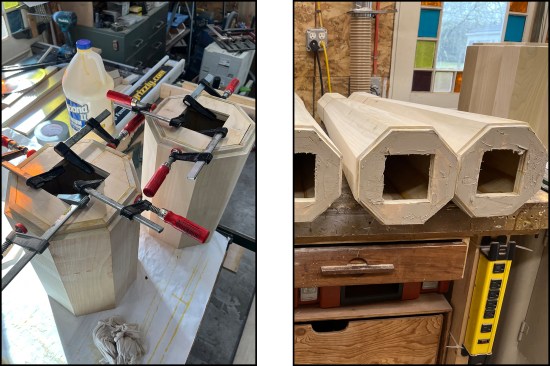 The plywood guide plates are glued and clamped into place (left), ready to fit over the existing newel post (right).