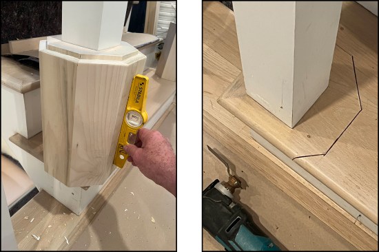 The base section, fitted over the old post, is plumbed (left) and traced onto the existing starter tread (right), to be let in.