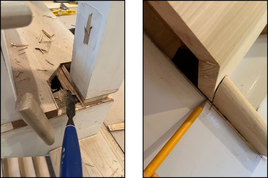 The outline is cut from the tread (left), and the riser lines traced onto the base (viewed looking up under the starter tread) (right).
