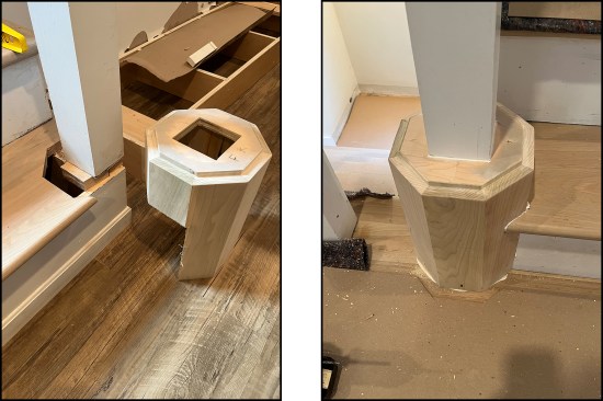 The base is cut out to drop onto the floor (left). After the author scribe-tunes the fit, he glues the base in place with heavy-duty construction adhesive (right). Squeeze-out is cut away after curing.