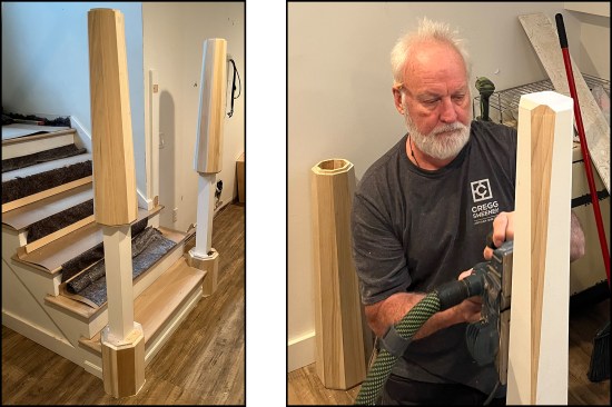 Prior to power planning, the new octagonal newels are placed on existing posts (left). To fit the post inside the tapered sleeves, the author power-planes the old post corners until the sleeves drop into place without resistance (right).