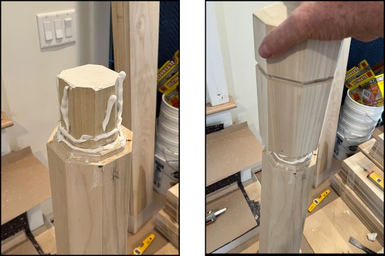 Six inches of old post projects above the main sleeve, enough to glue on the cap piece (left, right), which is pinned plumb and stable using trim-head screws before the glue sets.